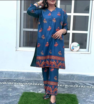 2pcs Linen Stitched - Women's Block Printed Linen Suit